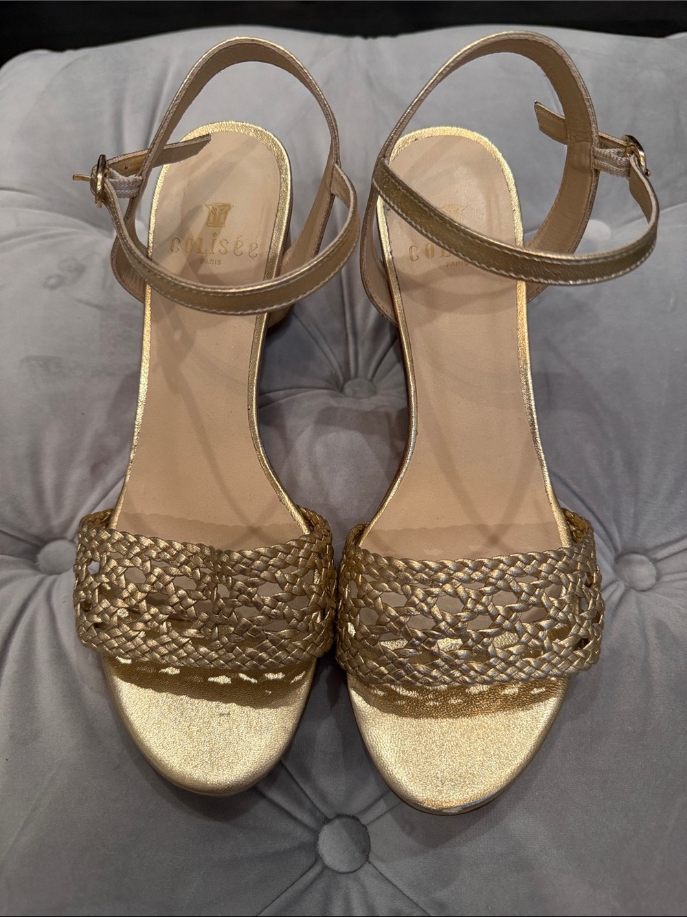 Metallic Gold Woven Ankle-Strap Sandals